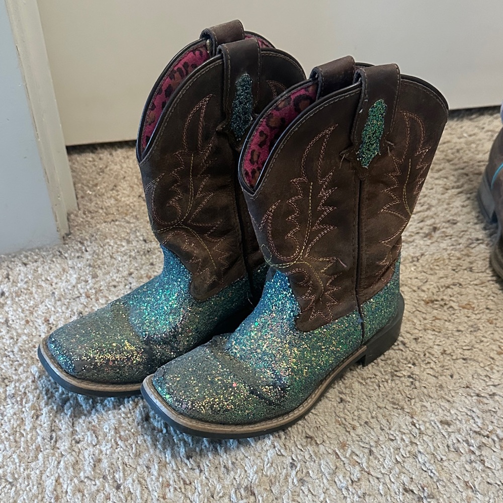 Glittery Green and Brown Kids Cowboy Boots